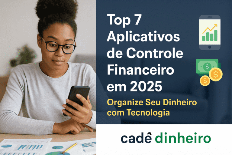 Ilustração destacando os melhores aplicativos de controle financeiro em 2025, com celular e gráficos sobre dinheiro, representando organização e autonomia financeira.