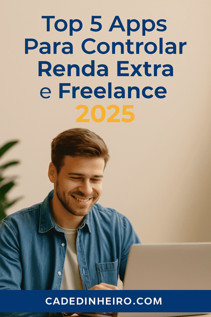 Imagem de um jovem freelancer sorridente usando notebook, com texto destacado “Melhores Apps Para Renda Extra 2025”. Ilustração voltada para profissionais autônomos que desejam organizar sua renda extra com aplicativos.