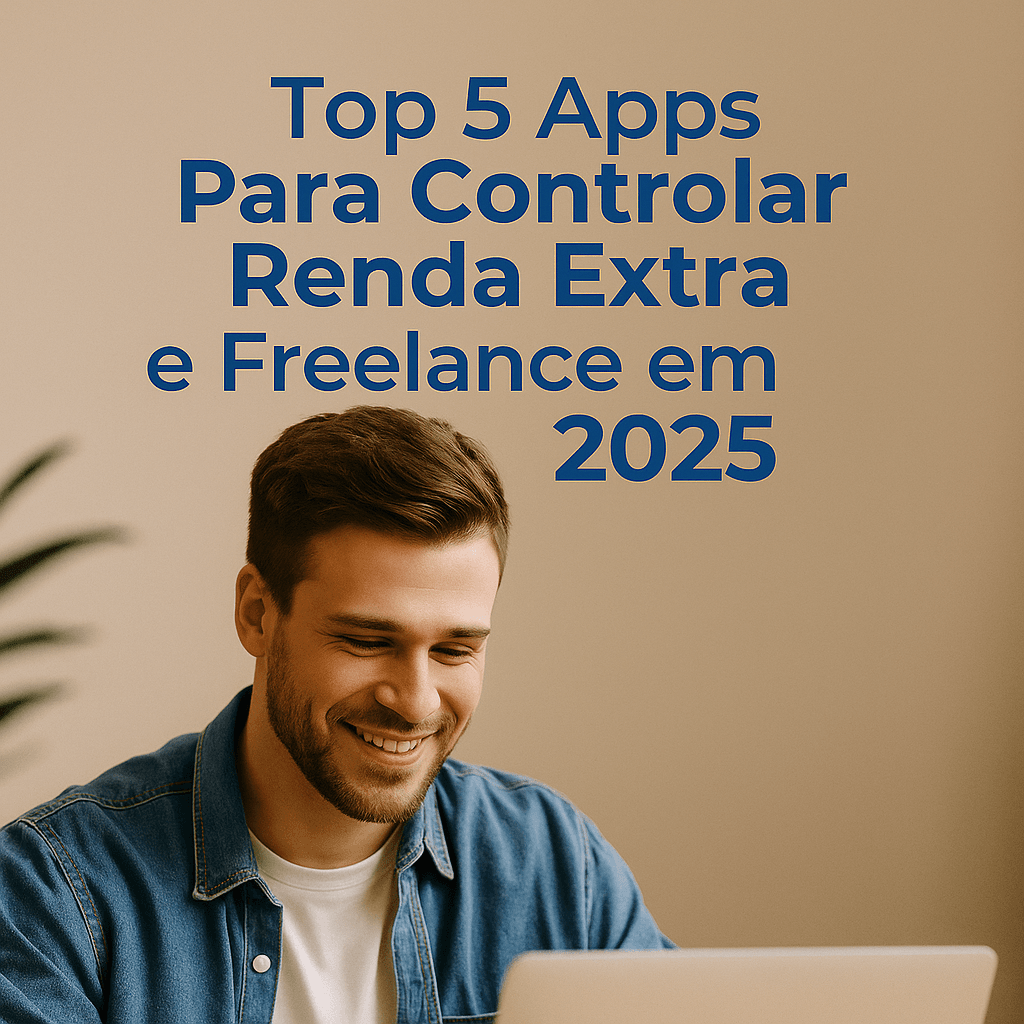 Homem sorrindo usando notebook com sobreposição de texto “Melhores Apps para Renda Extra 2025”