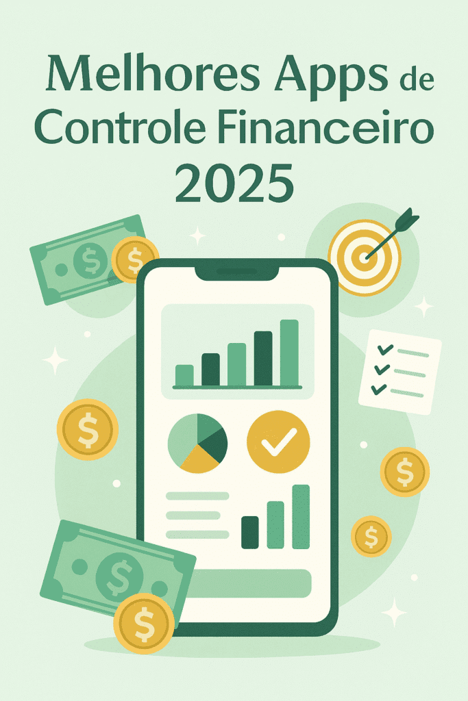Imagem destacando os principais aplicativos de controle financeiro 2025, com ícones de celular, gráficos e dinheiro, ideal para Pinterest.