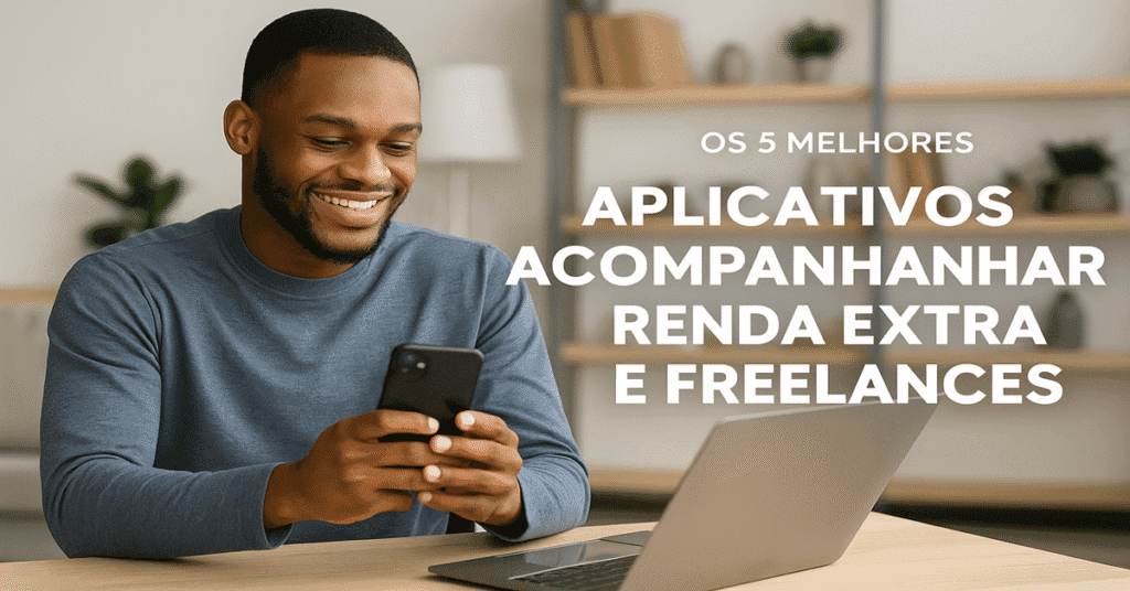 Jovem profissional feliz usando notebook e celular para se organizar com os apps renda extra, aplicativos de finanças e Freelancer 2025