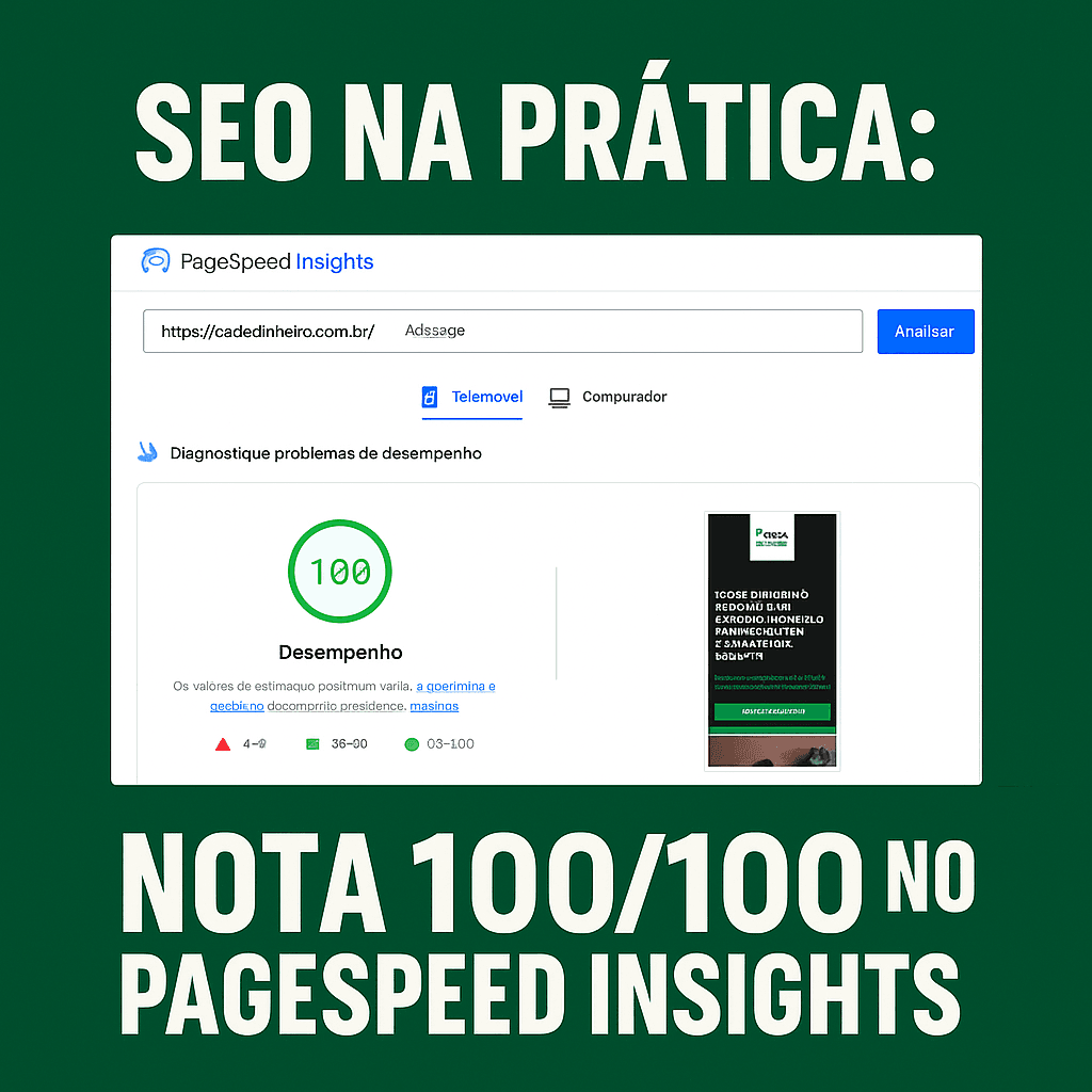 Gráfico exibindo a pontuação máxima de desempenho (100/100) no Google PageSpeed para o site Cadê Dinheiro em versão mobile.
