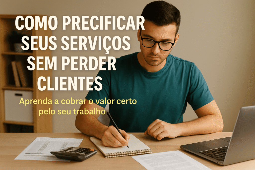 Jovem profissional analisando planilhas e calculando preços no computador, representando o desafio de precificar serviços com equilíbrio entre valor e competitividade.