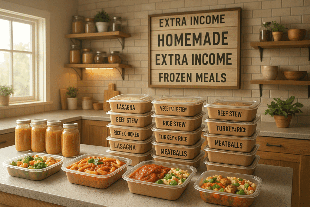 Cozinha caseira com marmitas congeladas organizadas em potes rotulados, prateleiras com potes e letreiro “Homemade Frozen Meals” ao fundo.