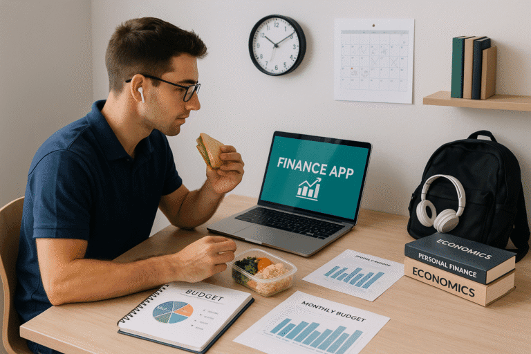 Estudante economizar na faculdade, com marmita e planilha de orçamento