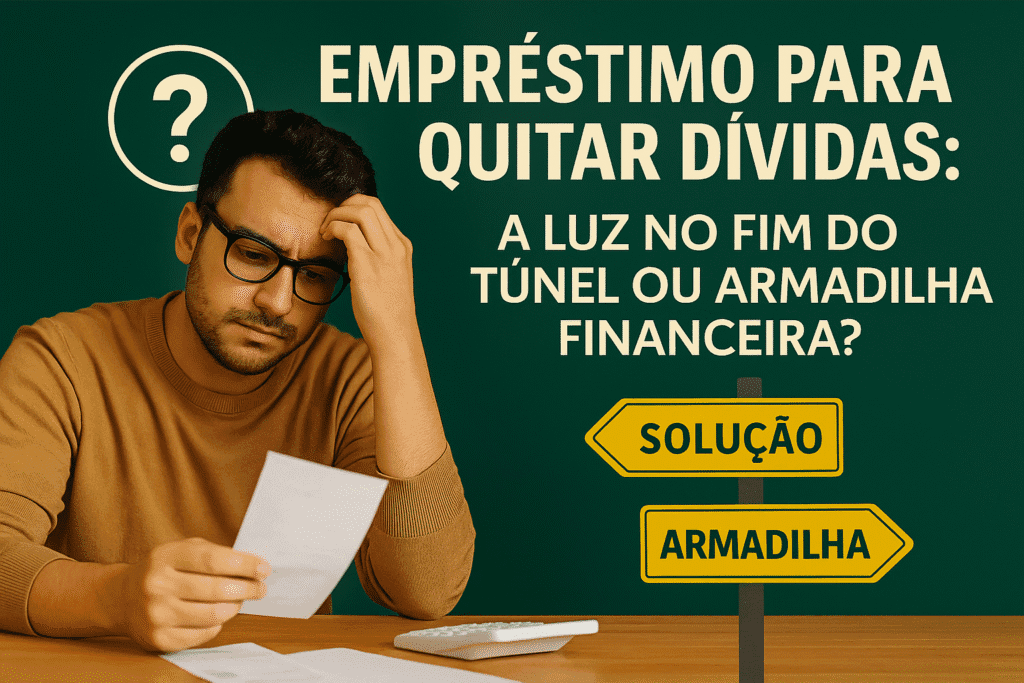 Homem pensativo segurando uma fatura com fundo escuro, representando a dúvida entre fazer ou não um empréstimo para pagar dívidas