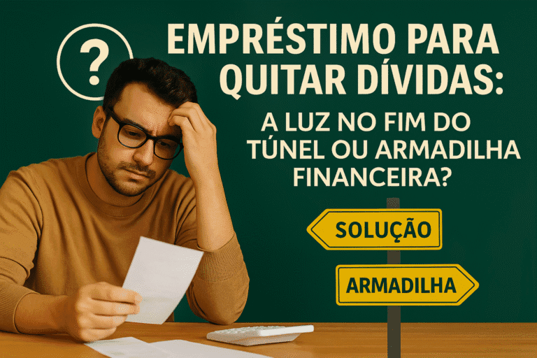 Homem pensativo segurando uma fatura com fundo escuro, representando a dúvida entre fazer ou não um empréstimo para pagar dívidas