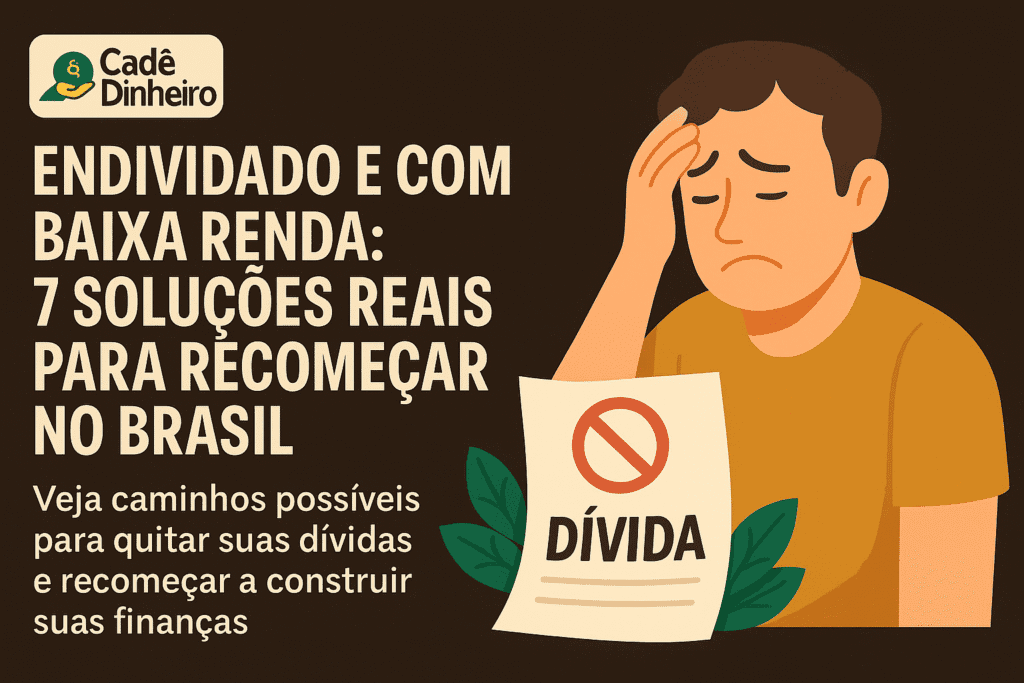 Pessoa preocupada organizando contas e orçamento em casa, representando endividamento e baixa renda.