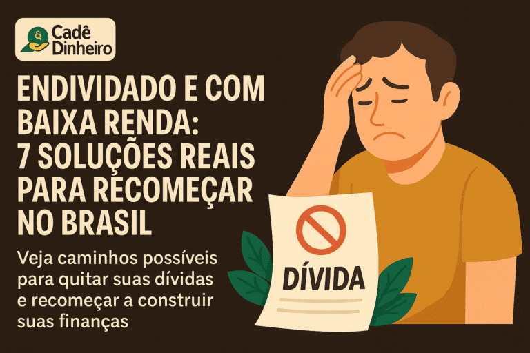 Pessoa preocupada organizando contas e orçamento em casa, representando endividamento e baixa renda.