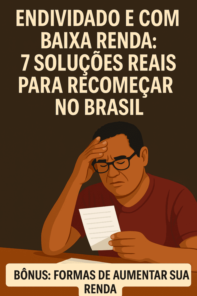 Homem preocupado analisa contas em mesa com documentos, representando situação de endividamento e baixa renda no Brasil.