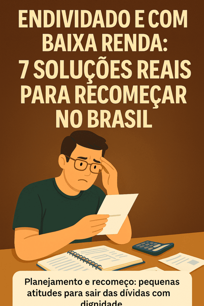 Homem preocupado com contas na mão, representando endividamento e baixa renda no Brasil