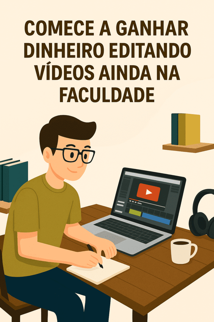 Imagem de um estudante editando vídeos em um notebook, com livros e fones de ouvido ao fundo, representando o trabalho freelancer durante a faculdade.