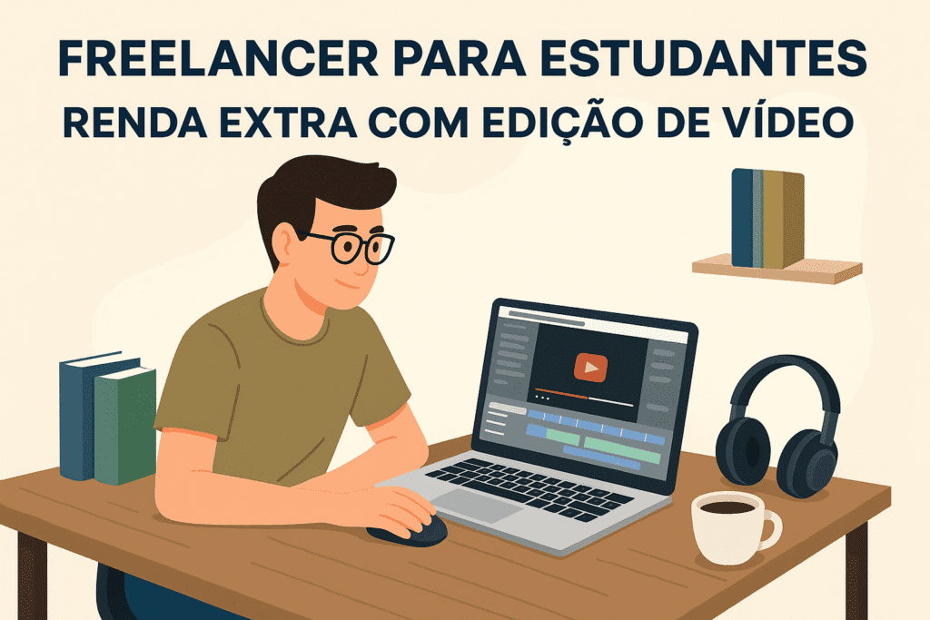Estudante freelancer editando vídeo no notebook para gerar renda extra