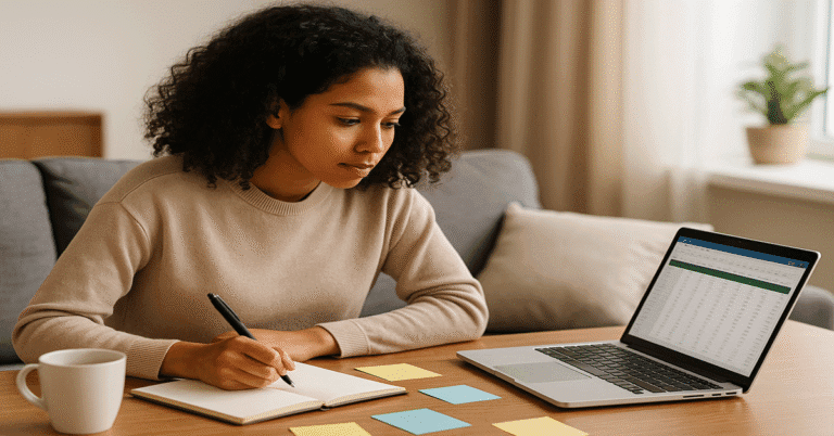 Gestão Financeira para Profissionais Autônomos Profissional autônoma organizando finanças com caderno e notebook exibindo planilha, em ambiente caseiro, representando controle financeiro pessoal e profissional.