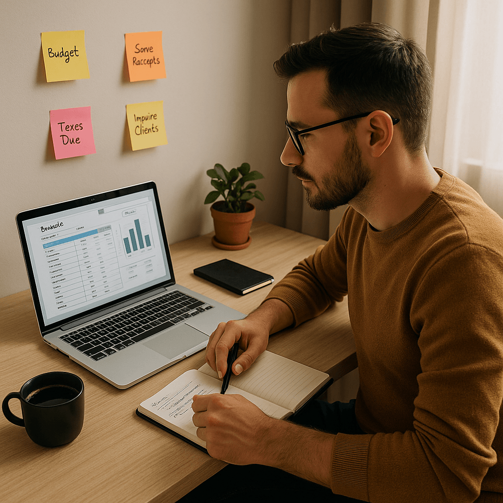 Homem autônomo analisando planilha de despesas no notebook, com caderno de anotações e lembretes adesivos na parede, representando controle financeiro.