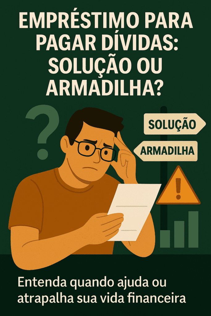 Ilustração de homem preocupado com faturas, ao lado da frase “Empréstimo para Pagar Dívidas: Solução ou Armadilha?”, representando a dúvida de muitos brasileiros sobre como lidar com dívidas.