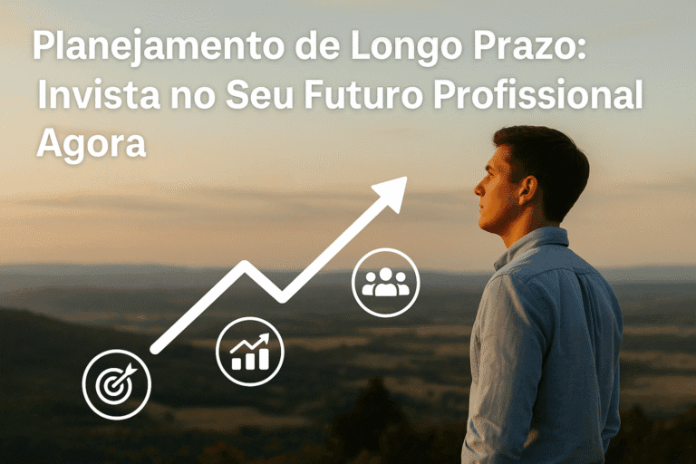 Jovem observando o horizonte ao pôr do sol com gráfico de crescimento representando planejamento de longo prazo na carreira.