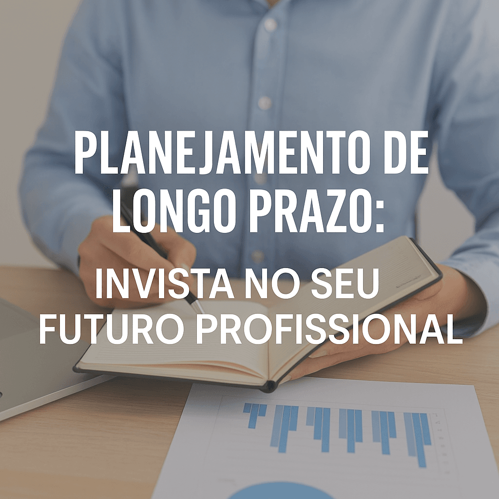Profissional escrevendo em caderno com gráficos ao fundo, simbolizando organização e metas de carreira. Planejamento de longo prazo