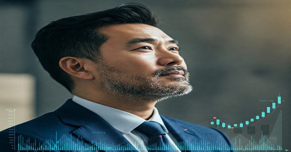 Homem de terno olhando para cima com gráficos financeiros sobrepostos, simbolizando crescimento e investimentos