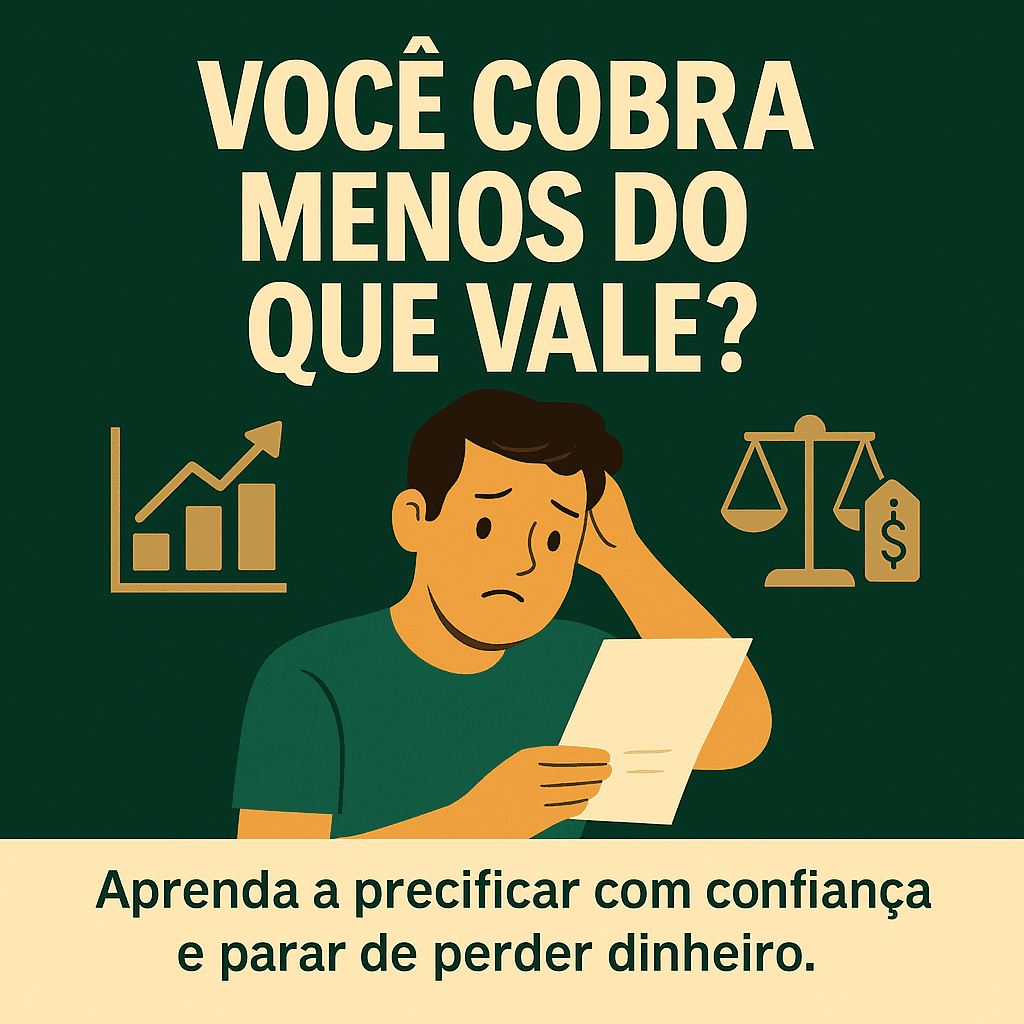 Imagem com o texto “Você cobra o preço certo pelos seus serviços?”, ilustrando o dilema de precificação enfrentado por profissionais autônomos, freelancers e pequenos empreendedores.