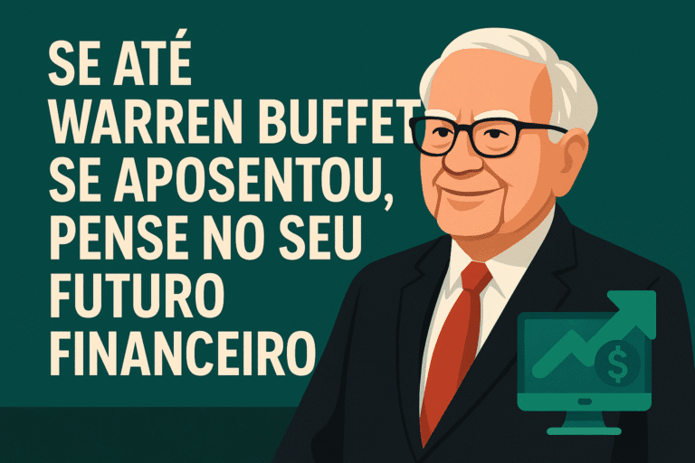 Ilustração digital com destaque para o título "Se até o Oráculo de Omaha se aposentou, talvez seja hora de pensar no seu futuro financeiro", acompanhada de um gráfico de investimentos e elementos visuais relacionados à aposentadoria.