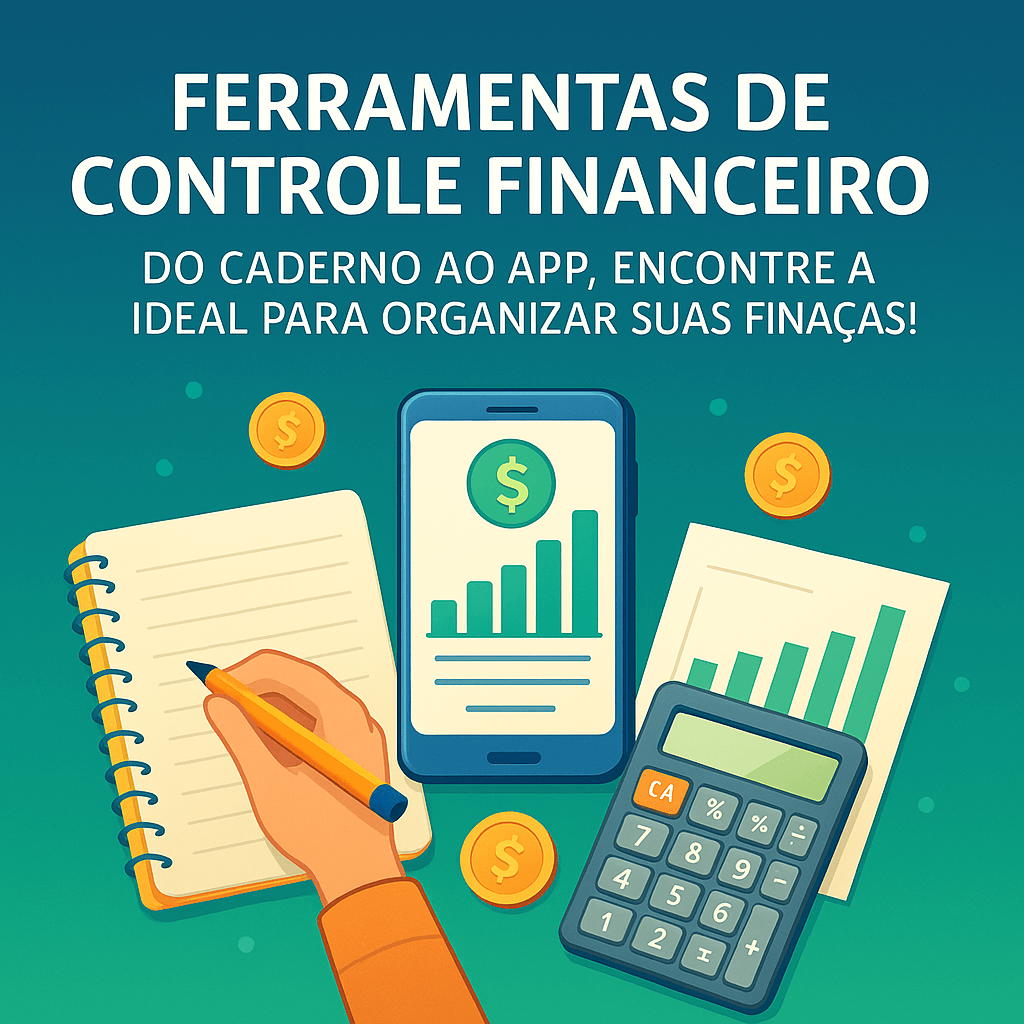 Ilustração de um caderno, smartphone com gráfico de finanças, calculadora e moedas douradas, representando ferramentas de controle financeiro, do analógico ao digital.