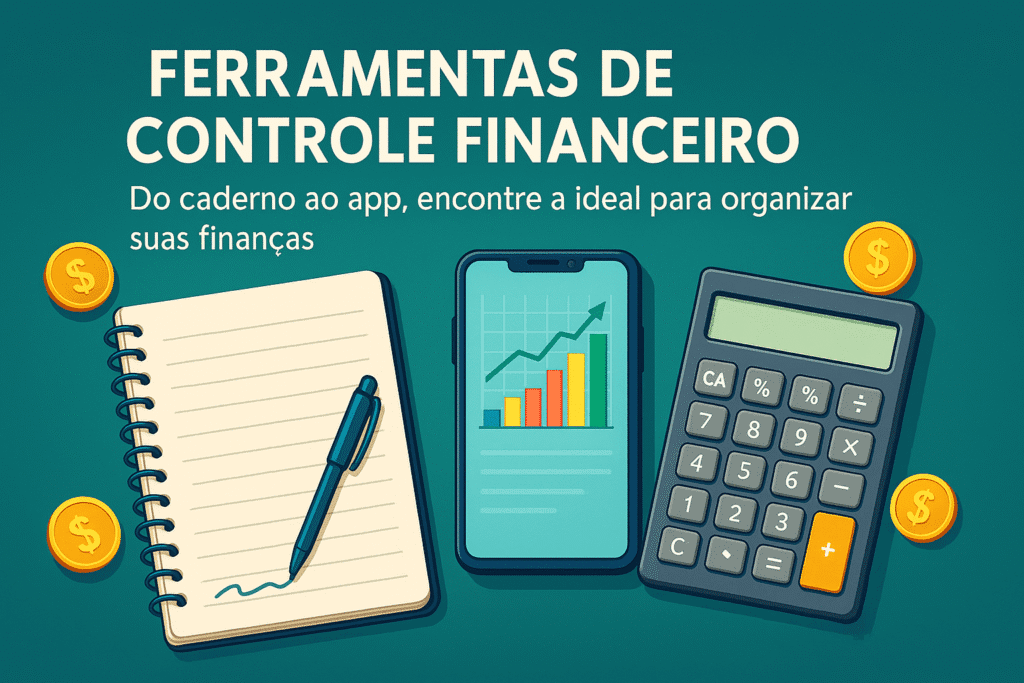 Ilustração horizontal com caderno, celular com gráfico e calculadora, representando diferentes ferramentas para controle financeiro, cercados por moedas douradas.