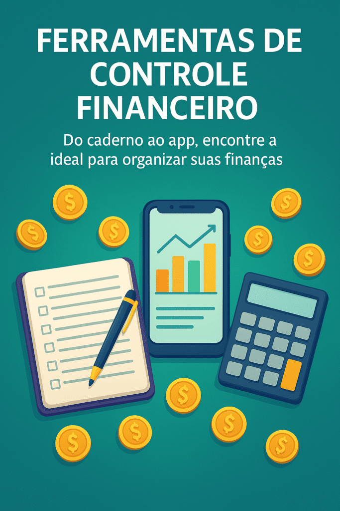 Imagem vertical com caderno, celular com gráfico de finanças e calculadora, representando diferentes formas de controle financeiro, cercados por moedas douradas sobre fundo verde-azulado.