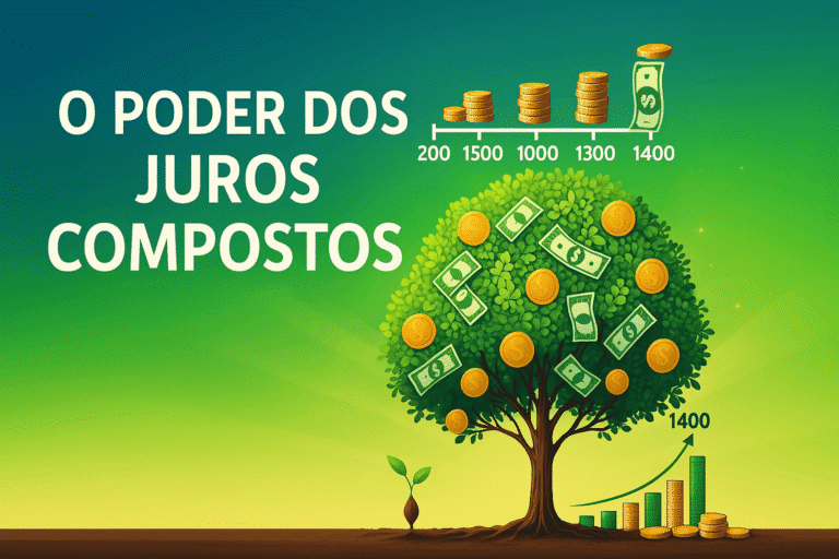 Ilustração horizontal de uma árvore com moedas e notas crescendo em seus galhos, representando o crescimento financeiro com juros compostos, acompanhada de gráfico de barras em ascensão.