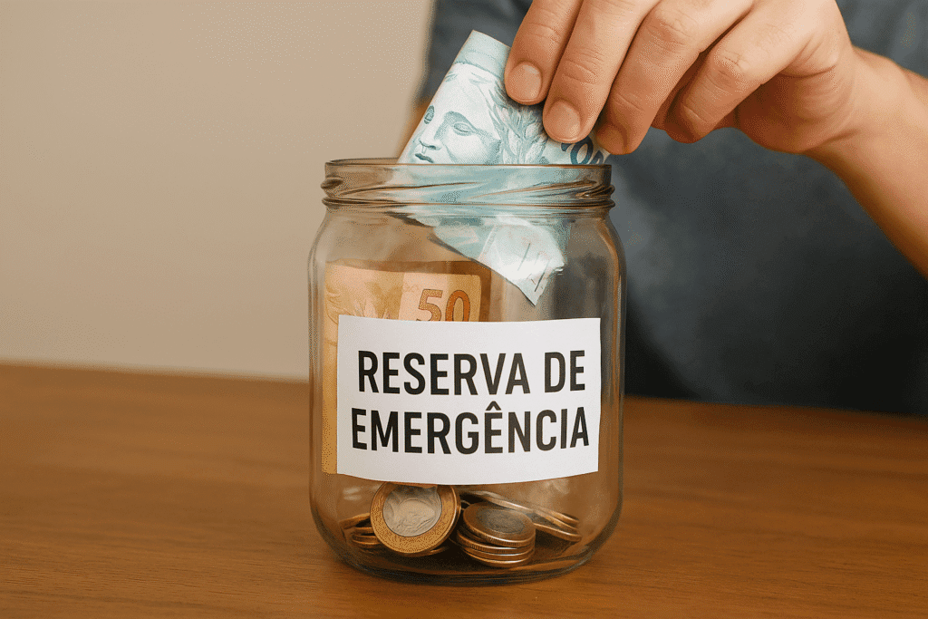 Pessoa depositando uma nota de 100 reais em uma jarra de vidro rotulada como "Reserva de Emergência", com moedas e notas visíveis no interior.