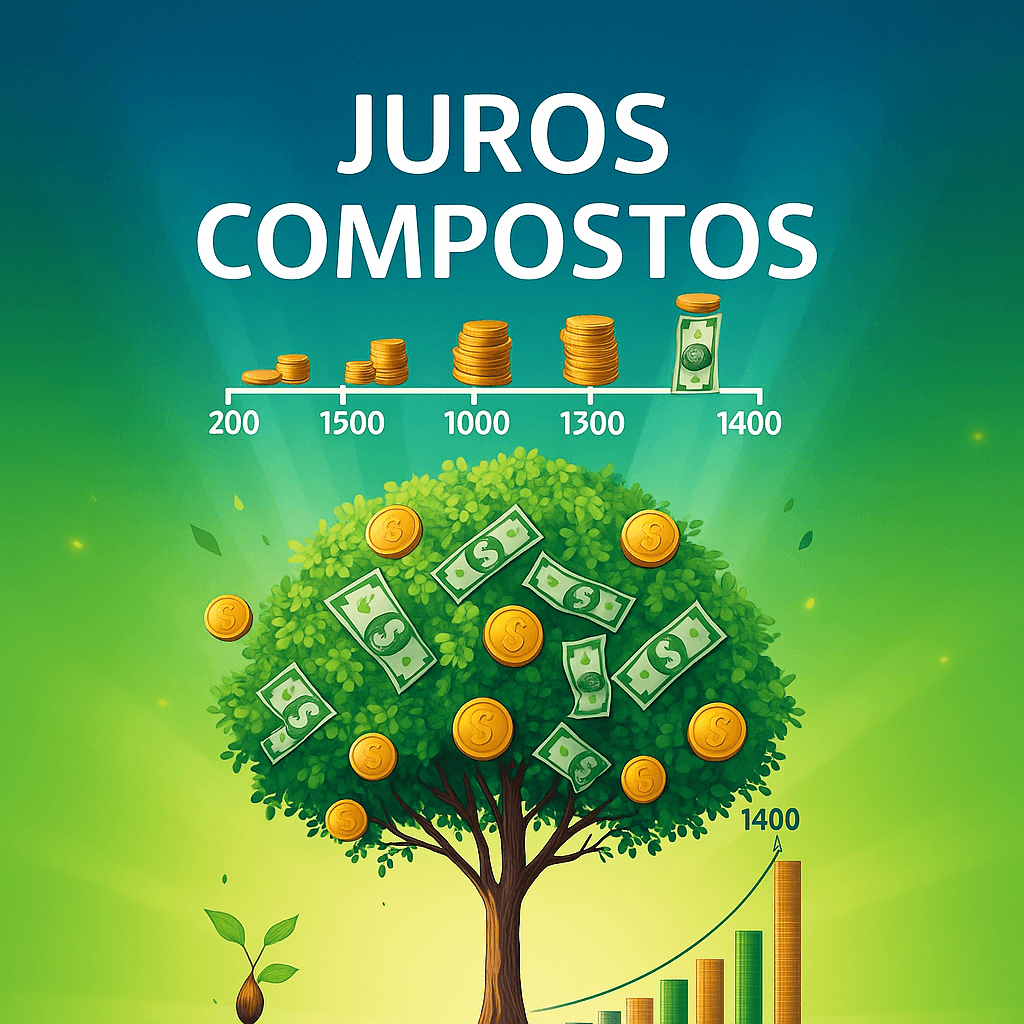 Imagem quadrada de uma árvore com moedas e cédulas, ilustrando o crescimento financeiro com juros compostos, acompanhada de um gráfico de barras e valores crescentes.