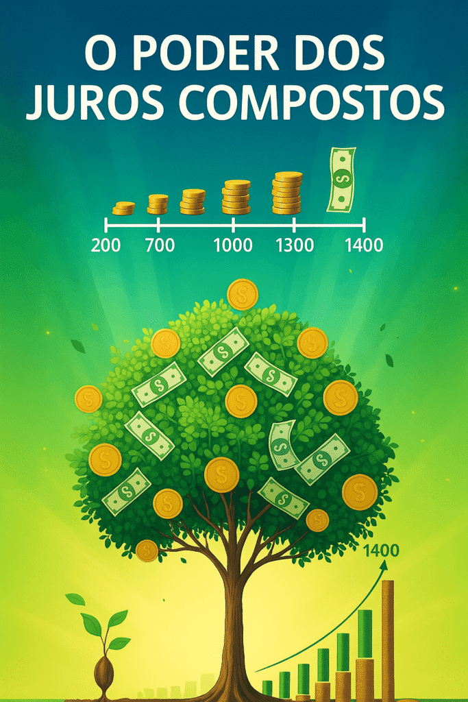 Ilustração de uma árvore representando o crescimento do dinheiro com juros compostos, com moedas e notas simbolizando o acúmulo financeiro e gráfico de barras ao fundo.