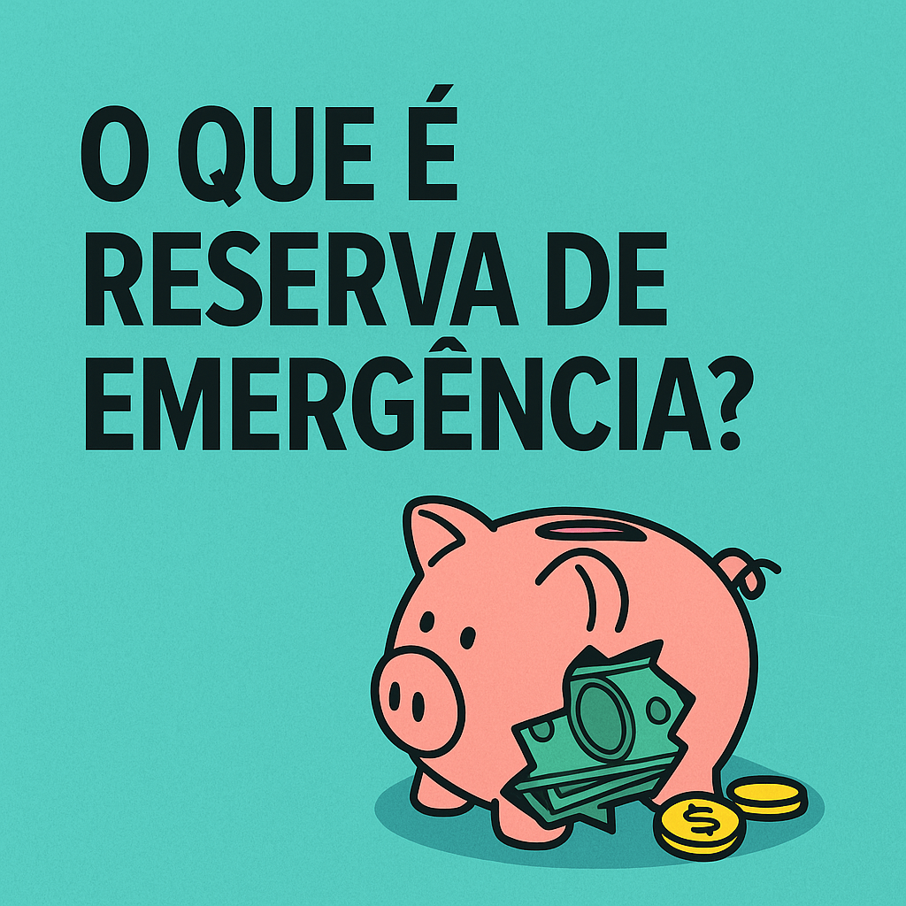 Ilustração de um cofrinho rosa rachado com notas de dinheiro e moedas ao lado, representando o conceito de reserva de emergência financeira.