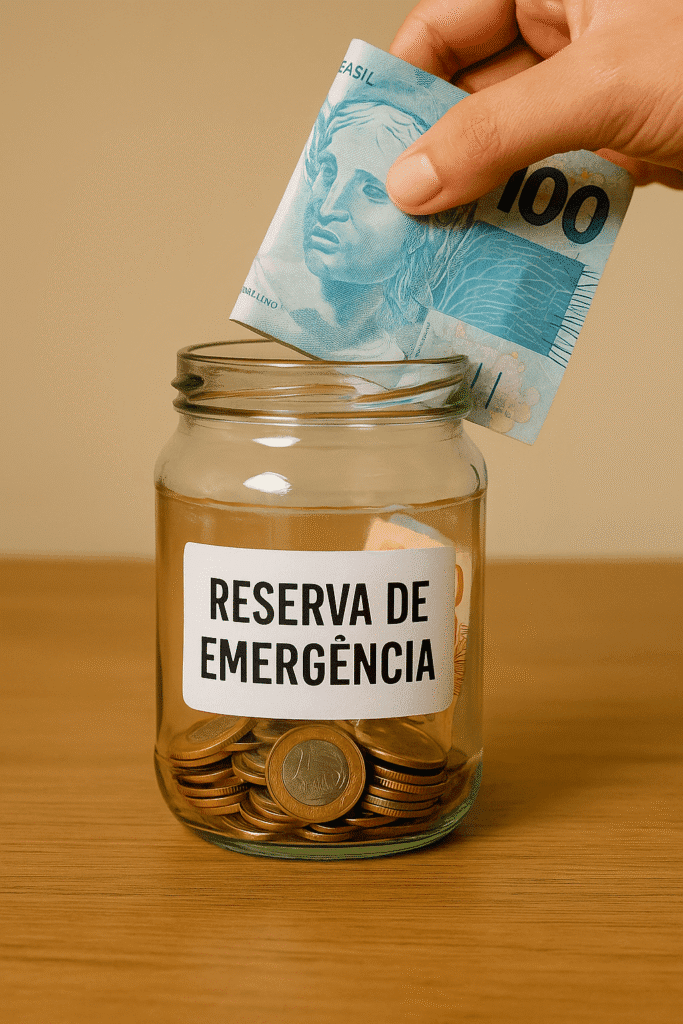 Mão depositando nota de 100 reais em uma jarra de vidro rotulada como "Reserva de Emergência", com moedas e notas no interior.