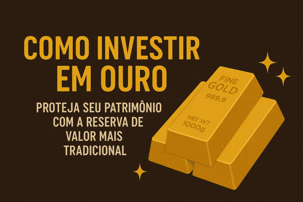 Imagem horizontal com o título “Como Investir em Ouro: Proteja Seu Patrimônio com a Reserva de Valor Mais Tradicional”, sobre fundo marrom escuro. À direita, há três barras de ouro brilhantes empilhadas, com pequenos brilhos dourados ao redor, simbolizando riqueza e segurança financeira.