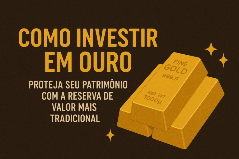 Imagem horizontal com o título “Como Investir em Ouro: Proteja Seu Patrimônio com a Reserva de Valor Mais Tradicional”, sobre fundo marrom escuro. À direita, há três barras de ouro brilhantes empilhadas, com pequenos brilhos dourados ao redor, simbolizando riqueza e segurança financeira.
