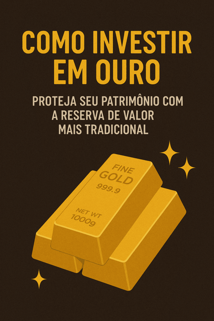 Imagem ilustrativa com o título “Como Investir em Ouro: Proteja Seu Patrimônio com a Reserva de Valor Mais Tradicional” em letras grandes douradas sobre fundo marrom escuro. Abaixo do texto, três barras de ouro empilhadas com brilho e reflexos dourados, simbolizando riqueza e estabilidade financeira.