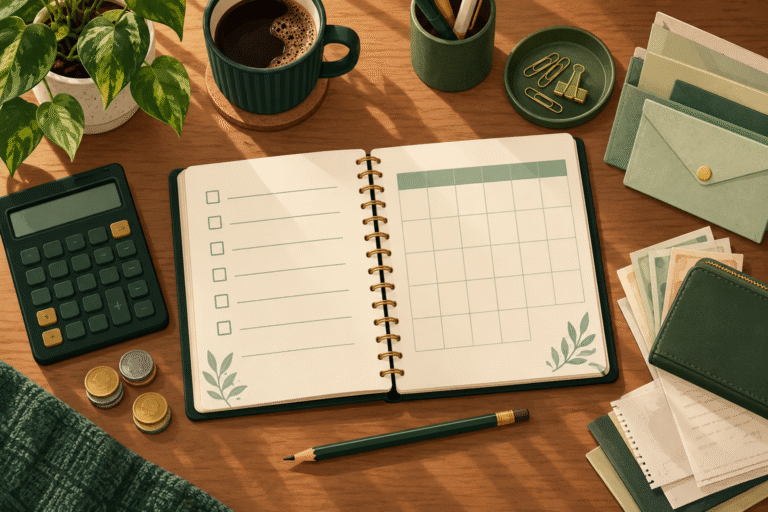 Vista superior de uma mesa com caderno de planejamento aberto, calculadora, lápis, envelopes e moedas.